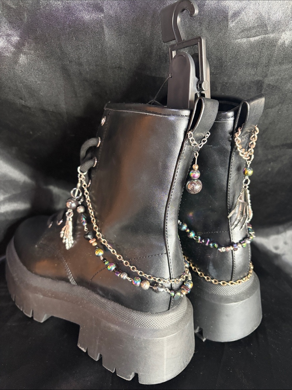 OOAK Hand Decorated Goth Combat Boots with Genuine Hematite Beads witchy luxe